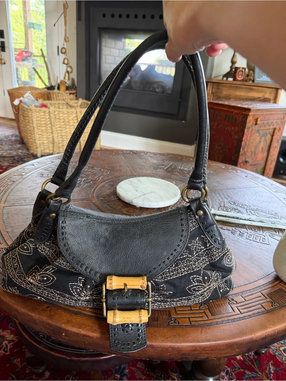 Kate Landry Black lotus flower Shoulder Bag with Gold Bamboo Accent